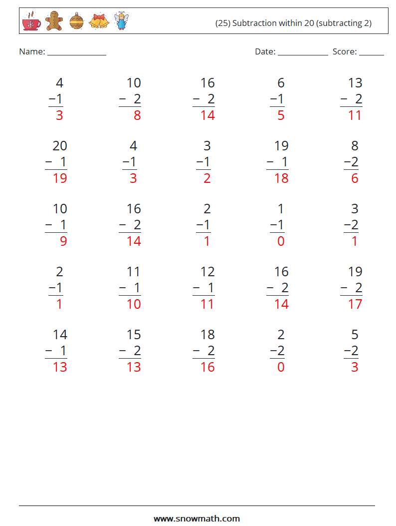 (25) Subtraction within 20 (subtracting 2) Math Worksheets 8 Question, Answer