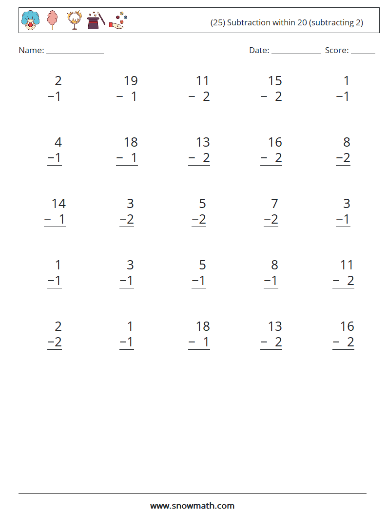 (25) Subtraction within 20 (subtracting 2) Math Worksheets 9