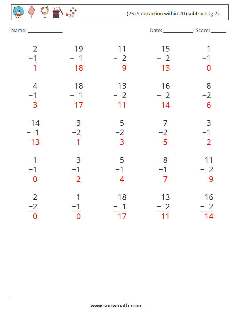 (25) Subtraction within 20 (subtracting 2) Math Worksheets 9 Question, Answer