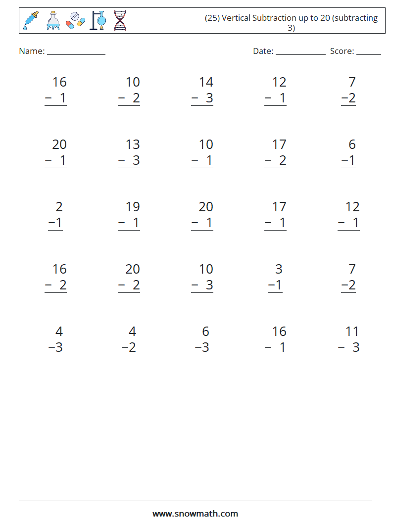 (25) Vertical Subtraction up to 20 (subtracting 3) Math Worksheets 1