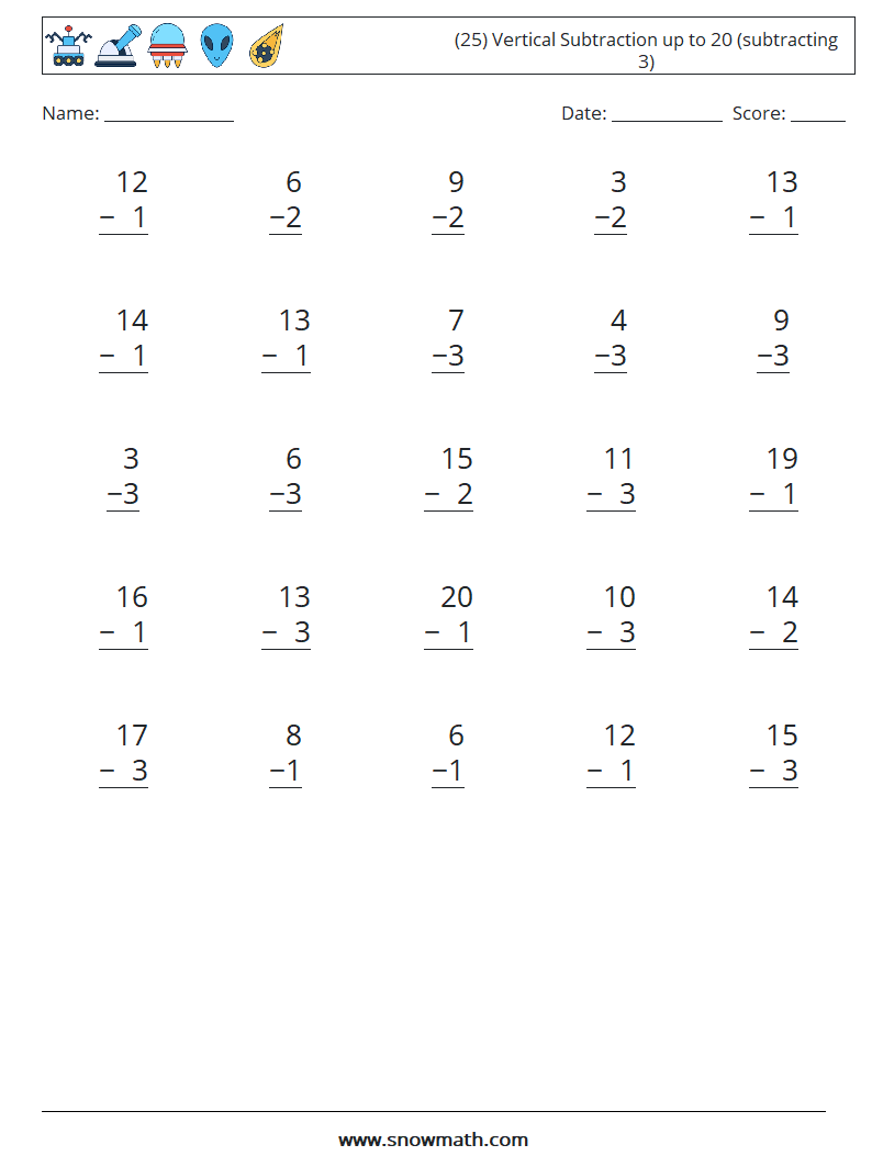 (25) Vertical Subtraction up to 20 (subtracting 3) Math Worksheets 2