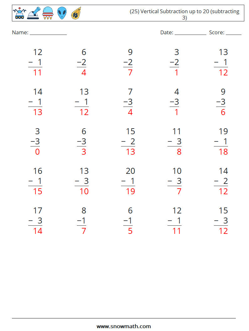 (25) Vertical Subtraction up to 20 (subtracting 3) Math Worksheets 2 Question, Answer