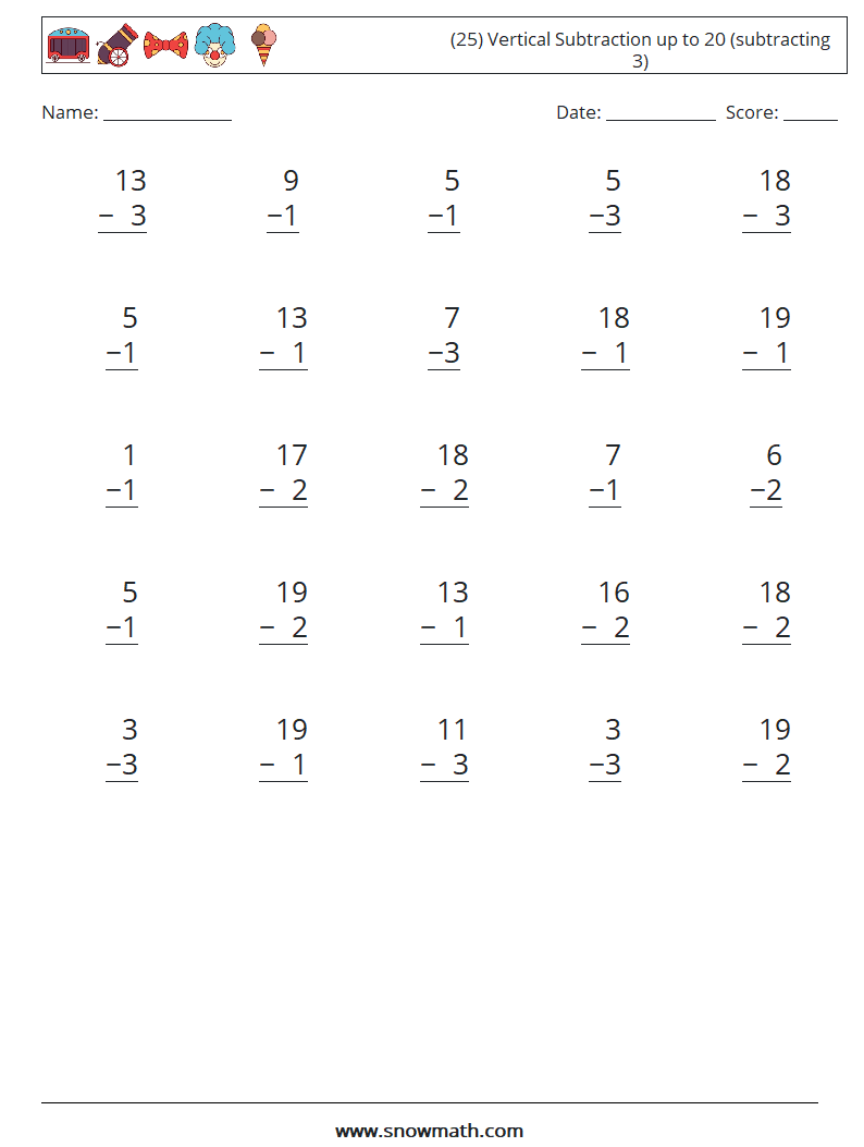 (25) Vertical Subtraction up to 20 (subtracting 3) Math Worksheets 3