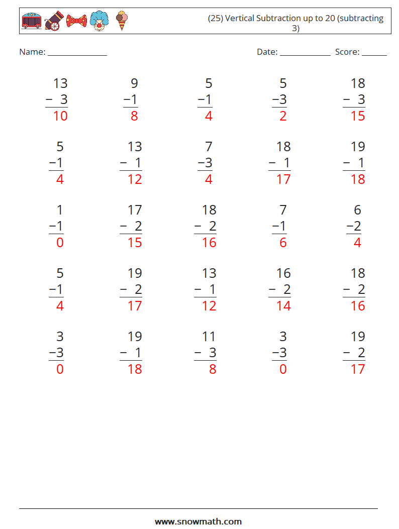 (25) Vertical Subtraction up to 20 (subtracting 3) Math Worksheets 3 Question, Answer