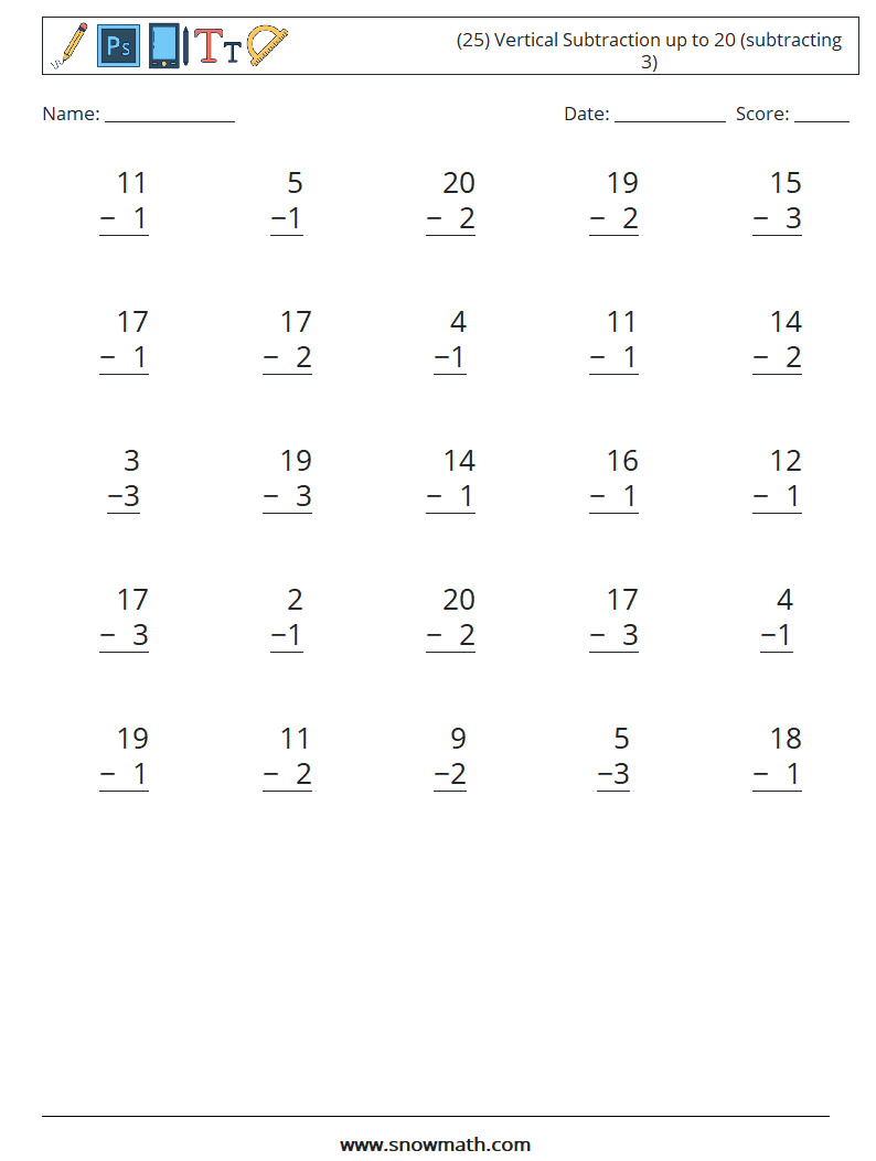 (25) Vertical Subtraction up to 20 (subtracting 3) Math Worksheets 4
