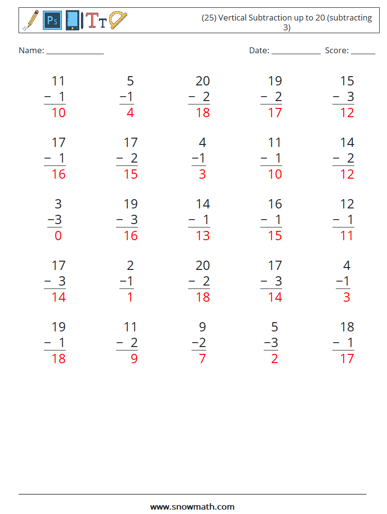 (25) Vertical Subtraction up to 20 (subtracting 3) Math Worksheets 4 Question, Answer