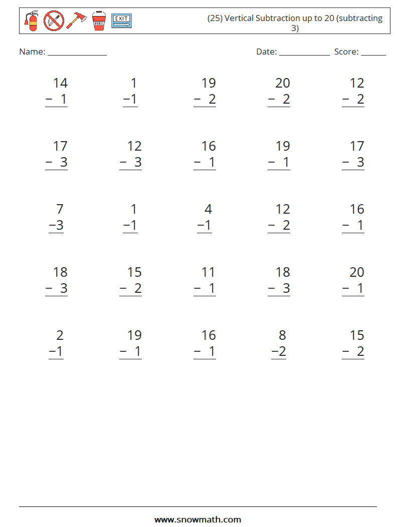 (25) Vertical Subtraction up to 20 (subtracting 3) Math Worksheets 5