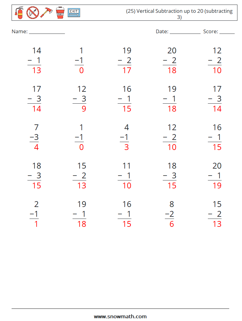 (25) Vertical Subtraction up to 20 (subtracting 3) Math Worksheets 5 Question, Answer