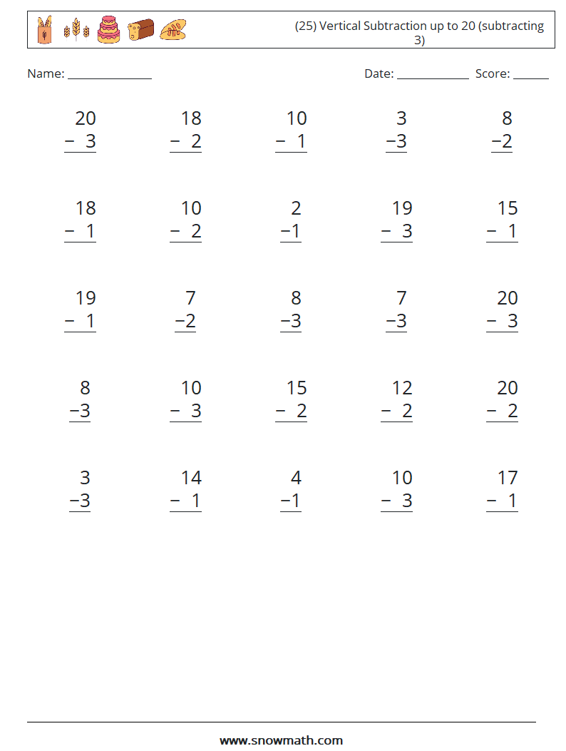 (25) Vertical Subtraction up to 20 (subtracting 3) Math Worksheets 6