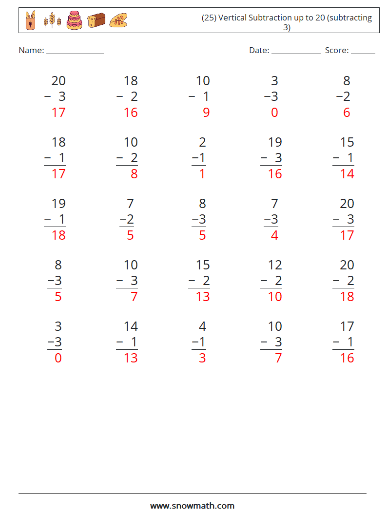 (25) Vertical Subtraction up to 20 (subtracting 3) Math Worksheets 6 Question, Answer