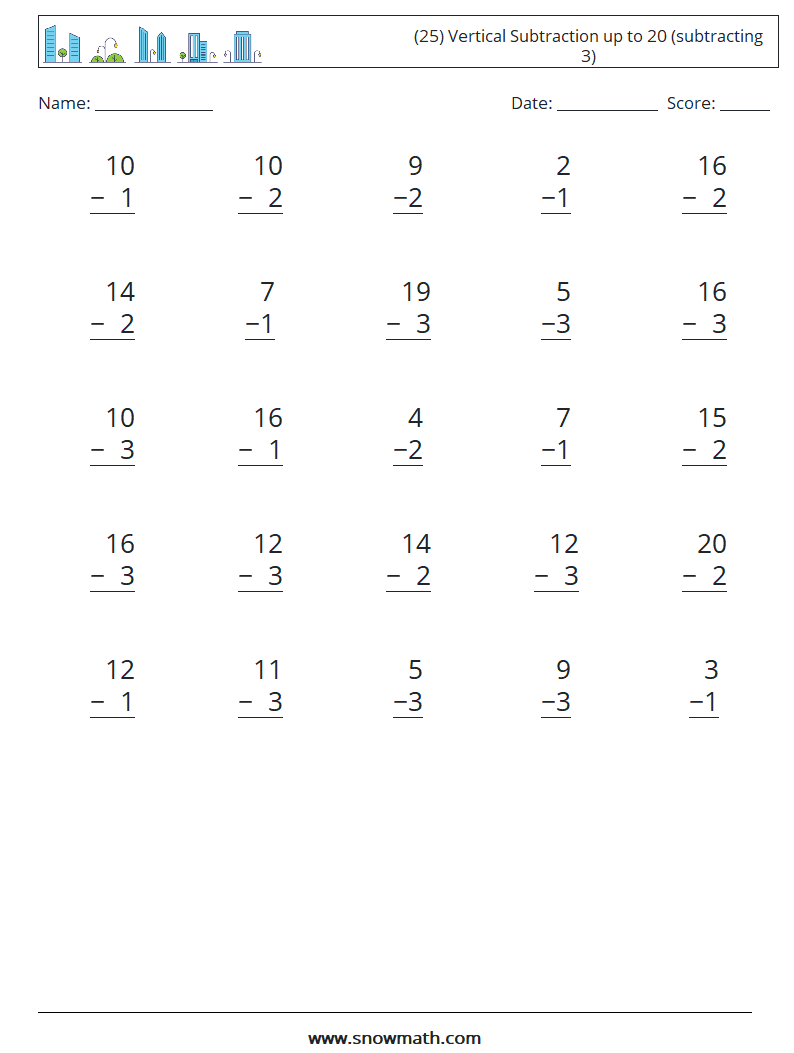 (25) Vertical Subtraction up to 20 (subtracting 3) Math Worksheets 7