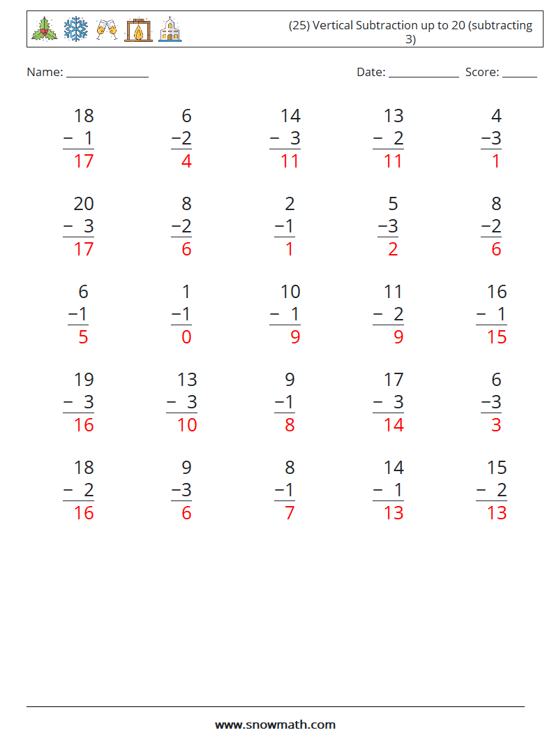 (25) Vertical Subtraction up to 20 (subtracting 3) Math Worksheets 8 Question, Answer