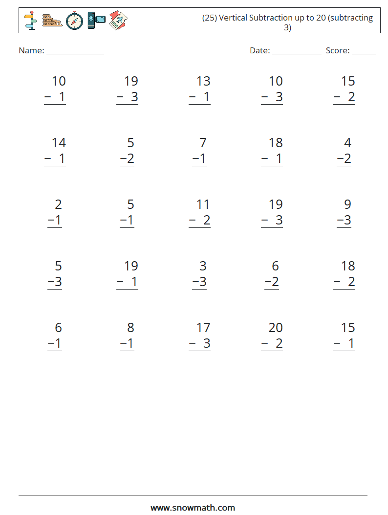 (25) Vertical Subtraction up to 20 (subtracting 3) Math Worksheets 9
