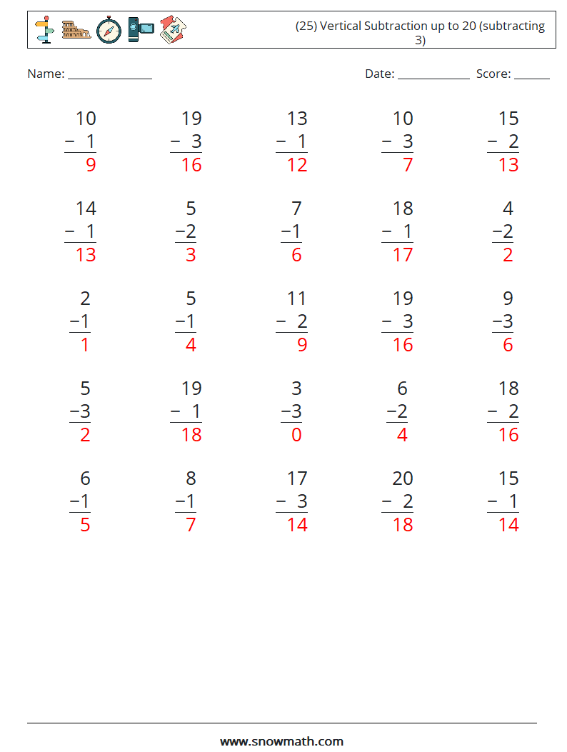 (25) Vertical Subtraction up to 20 (subtracting 3) Math Worksheets 9 Question, Answer