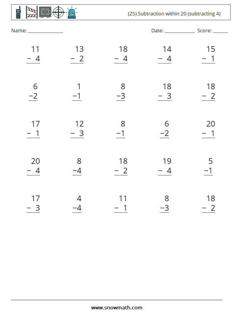 (25) Subtraction within 20 (subtracting 4) Math Worksheets 1