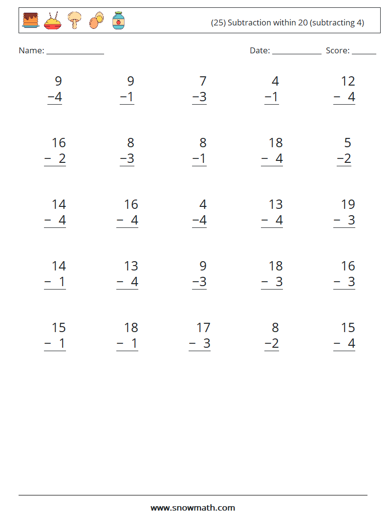 (25) Subtraction within 20 (subtracting 4) Math Worksheets 10