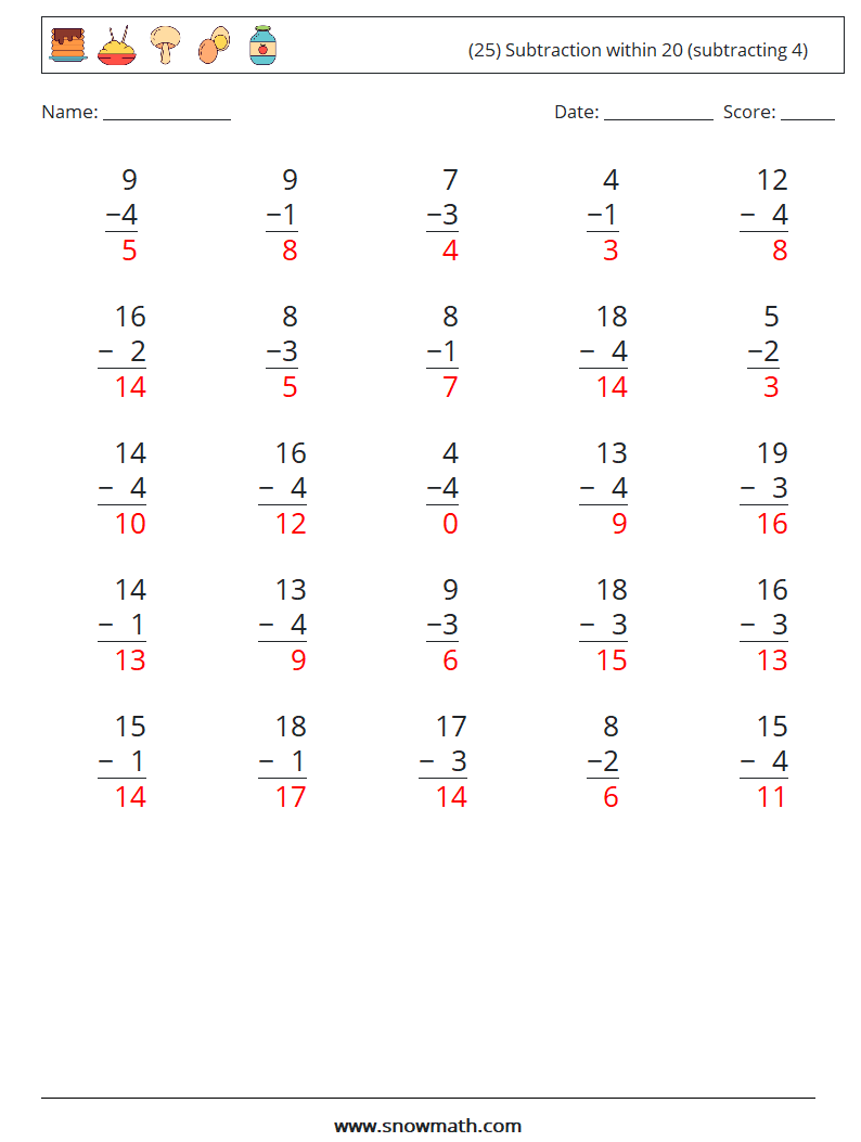 (25) Subtraction within 20 (subtracting 4) Math Worksheets 10 Question, Answer