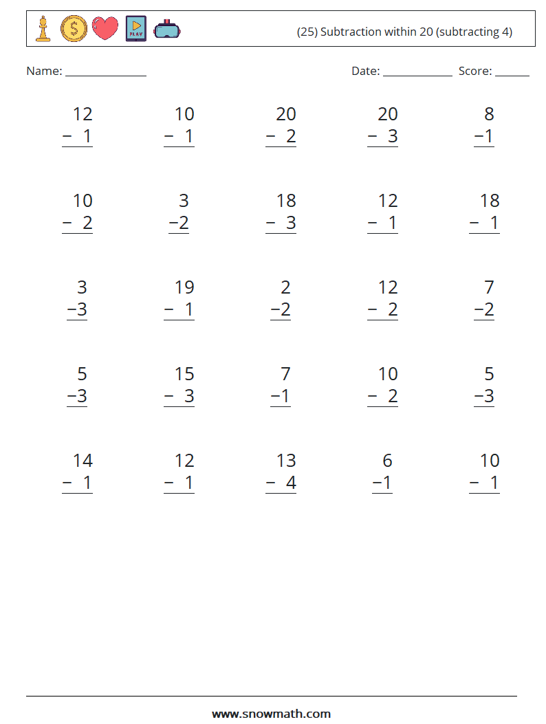 (25) Subtraction within 20 (subtracting 4) Math Worksheets 11