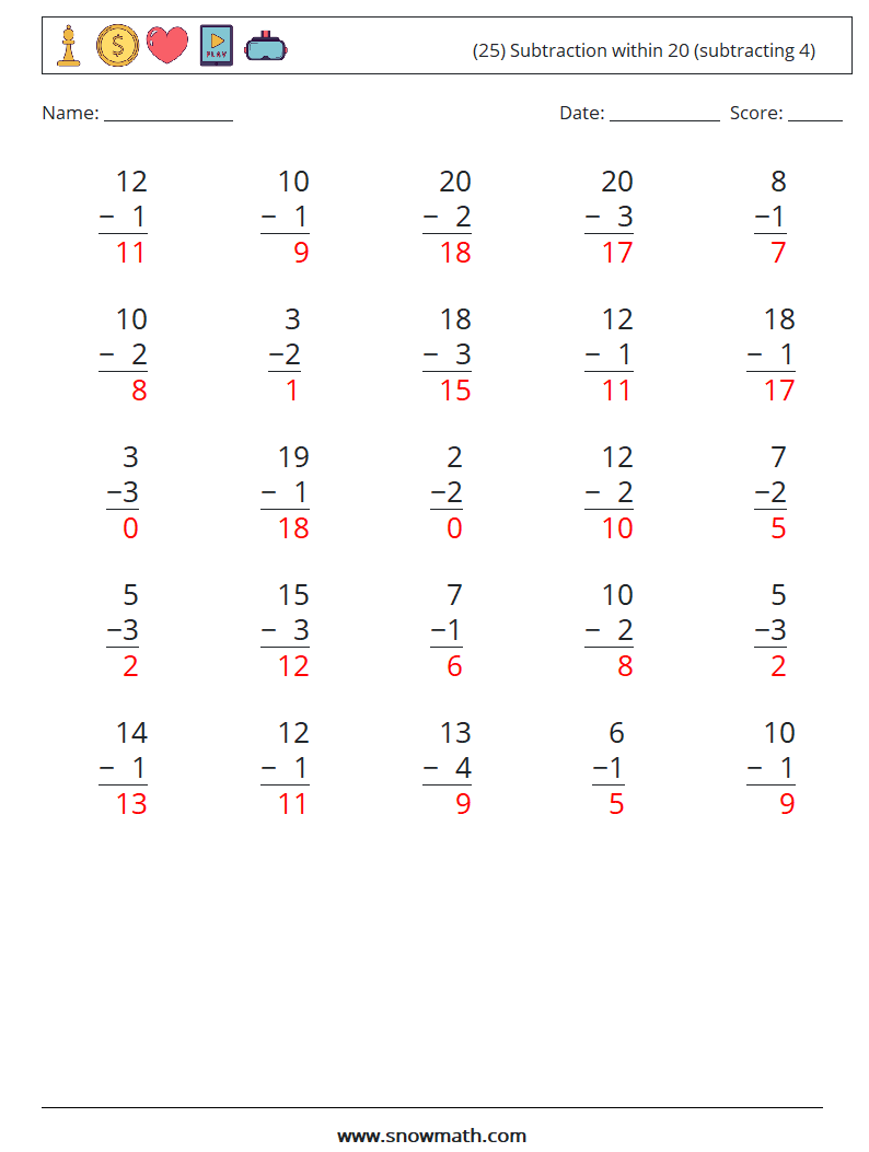 (25) Subtraction within 20 (subtracting 4) Math Worksheets 11 Question, Answer