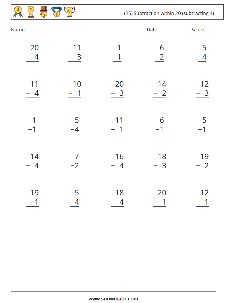 (25) Subtraction within 20 (subtracting 4) Math Worksheets 12