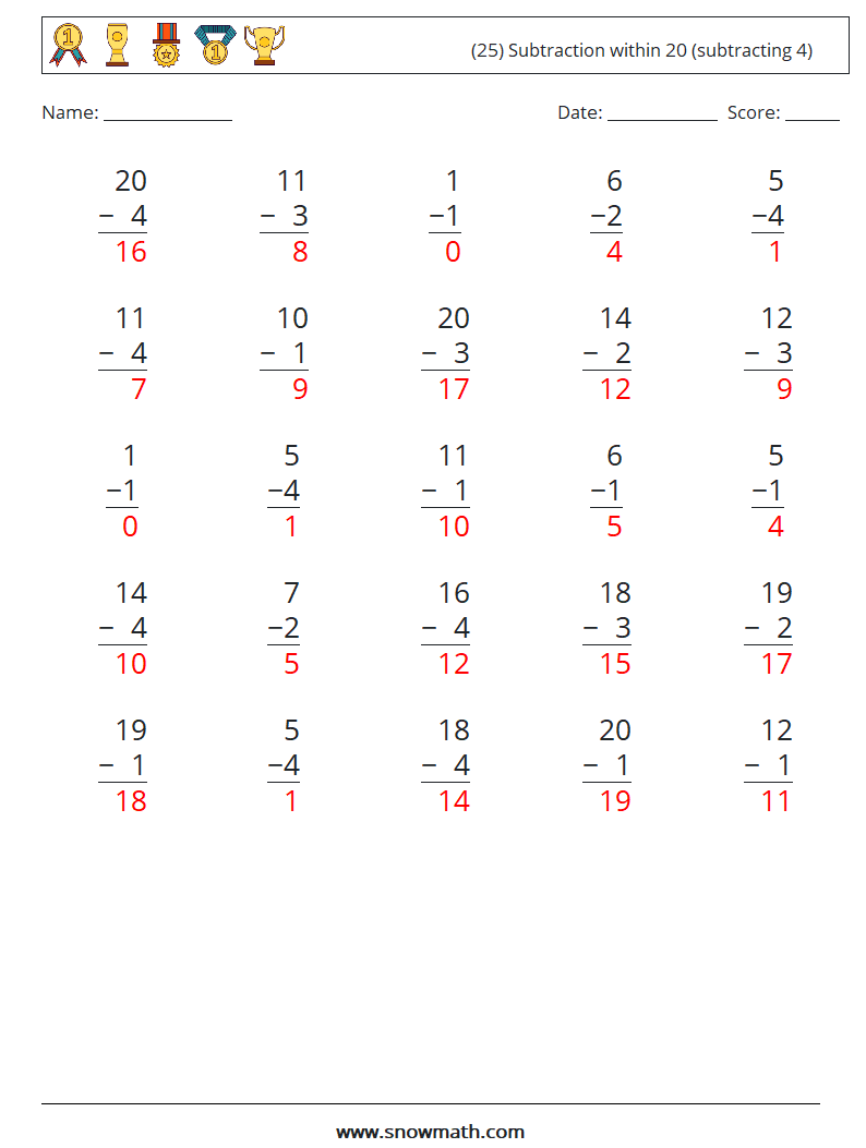 (25) Subtraction within 20 (subtracting 4) Math Worksheets 12 Question, Answer