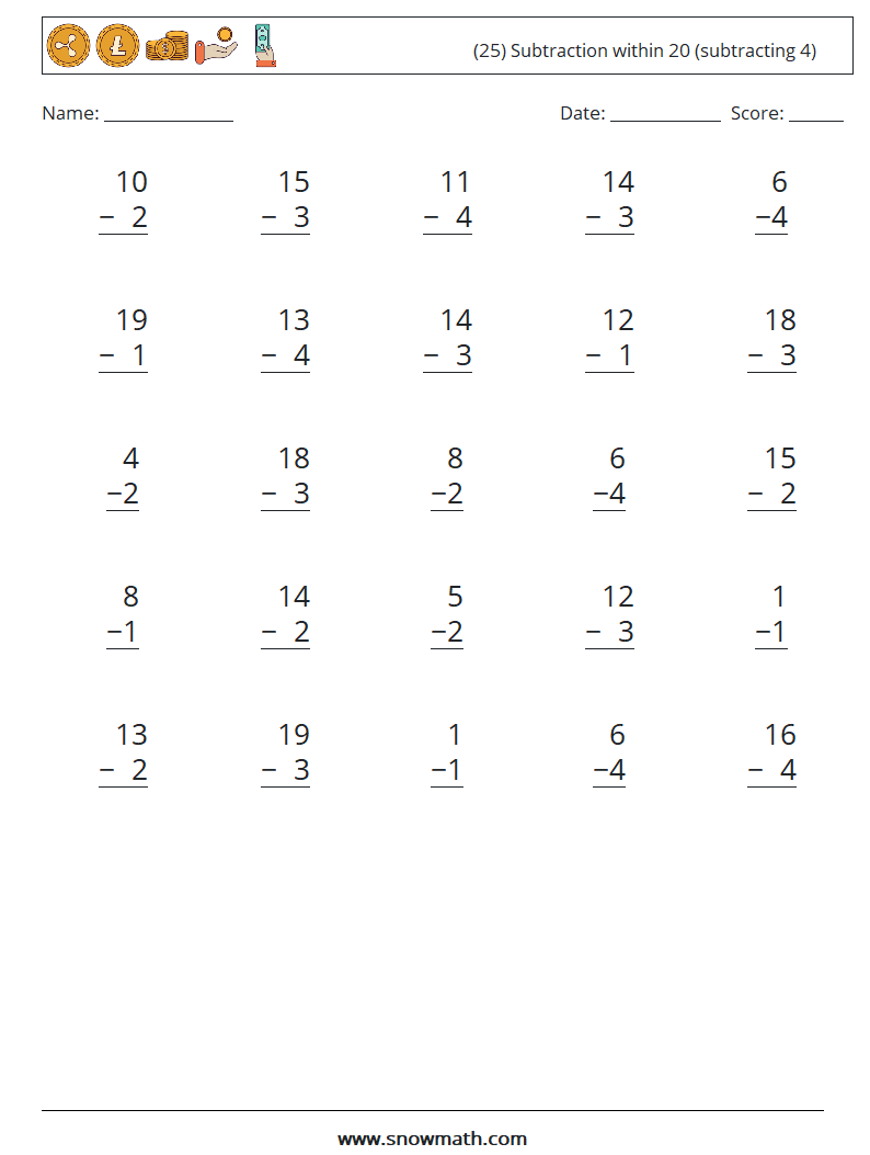 (25) Subtraction within 20 (subtracting 4) Math Worksheets 13