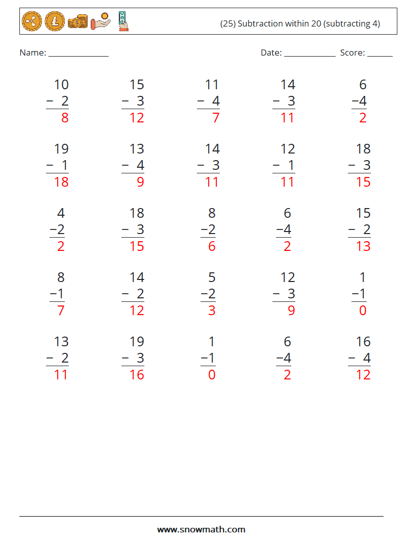 (25) Subtraction within 20 (subtracting 4) Math Worksheets 13 Question, Answer