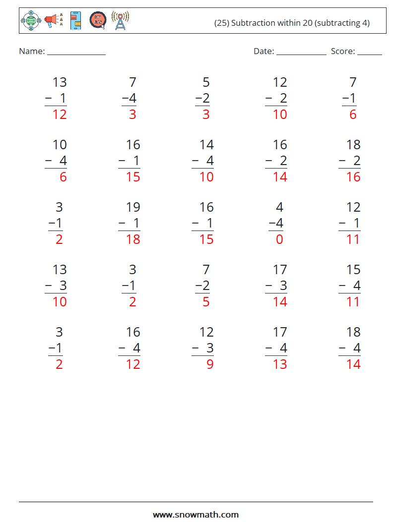 (25) Subtraction within 20 (subtracting 4) Math Worksheets 14 Question, Answer