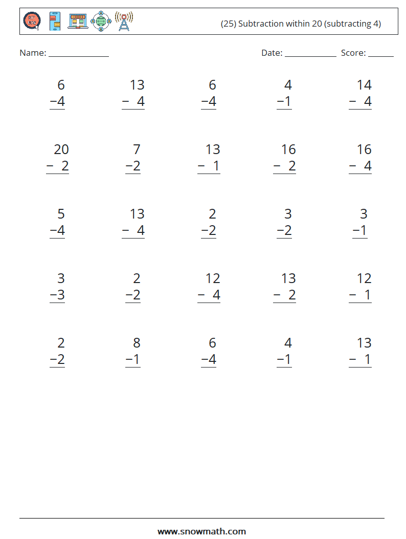 (25) Subtraction within 20 (subtracting 4) Math Worksheets 15