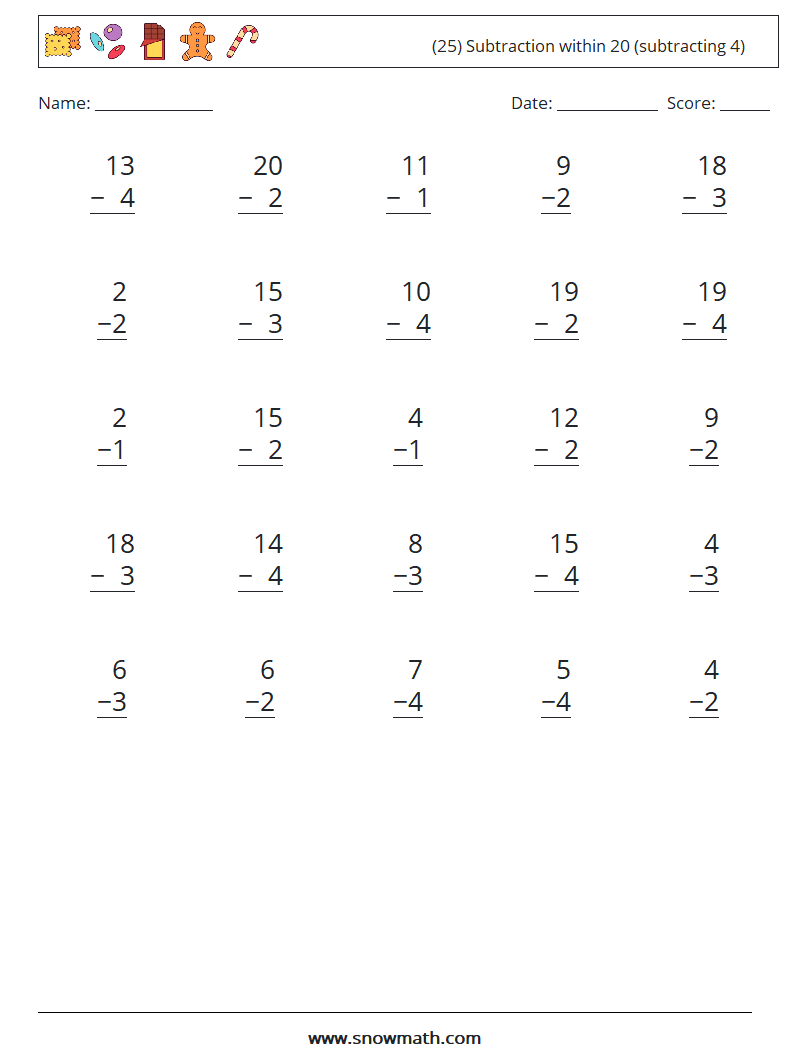 (25) Subtraction within 20 (subtracting 4) Math Worksheets 16