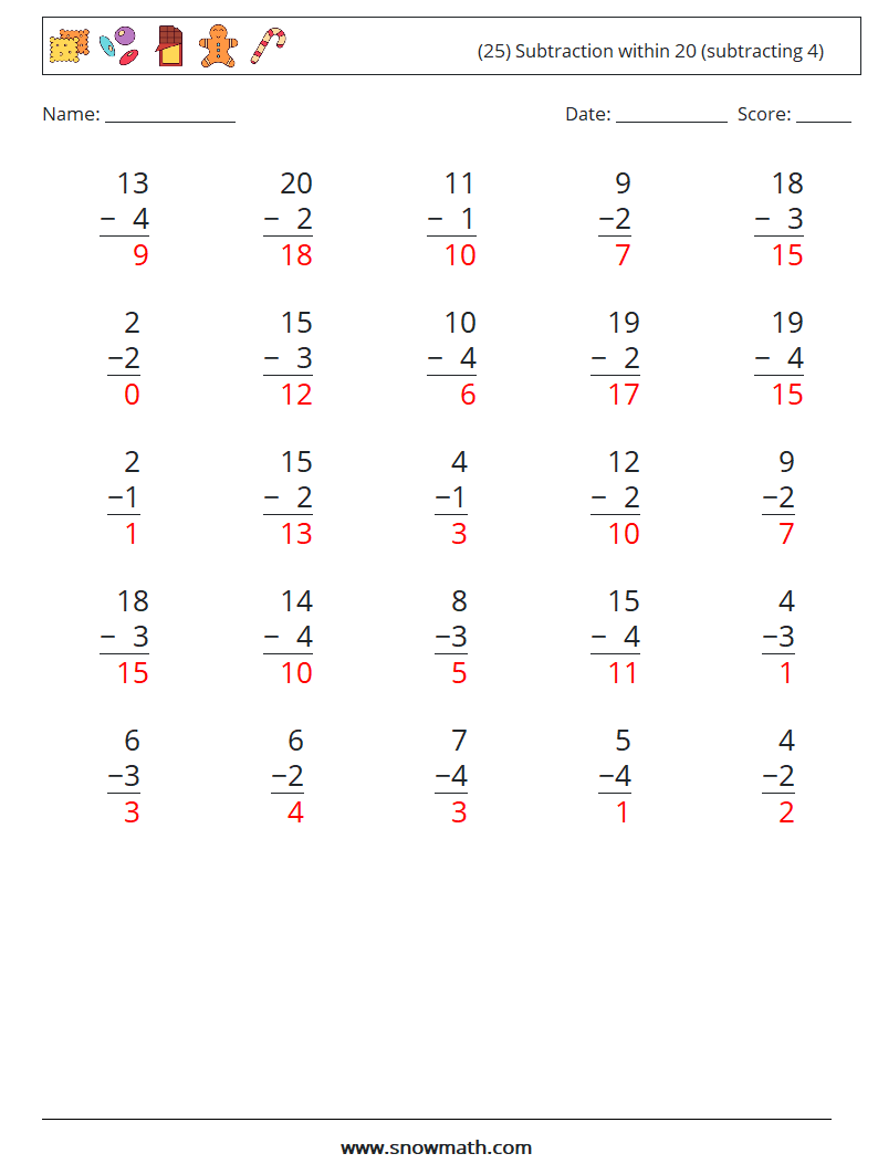 (25) Subtraction within 20 (subtracting 4) Math Worksheets 16 Question, Answer