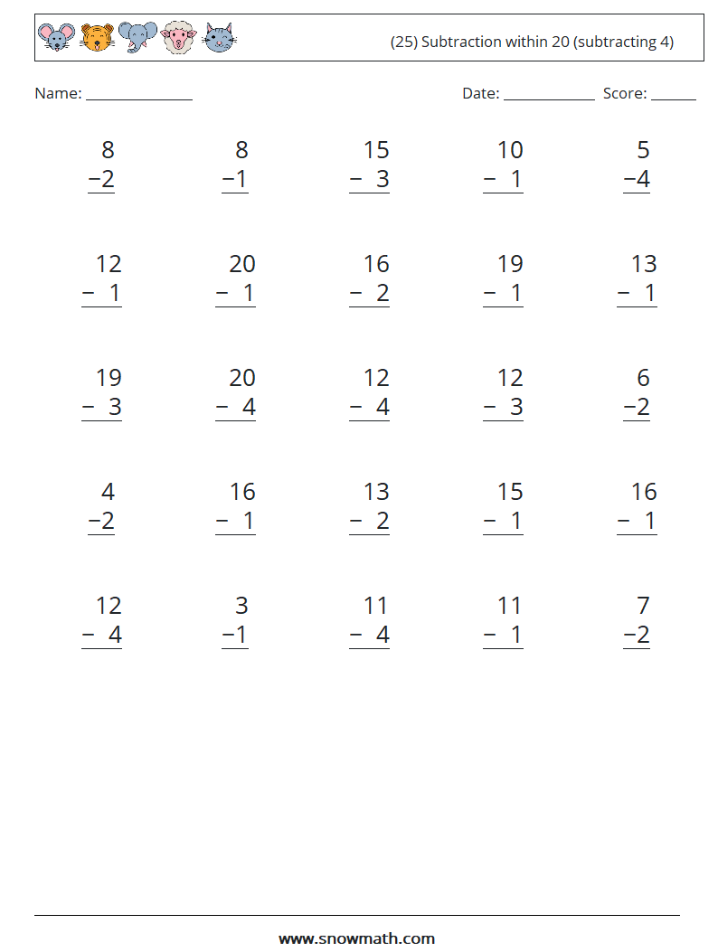 (25) Subtraction within 20 (subtracting 4) Math Worksheets 17