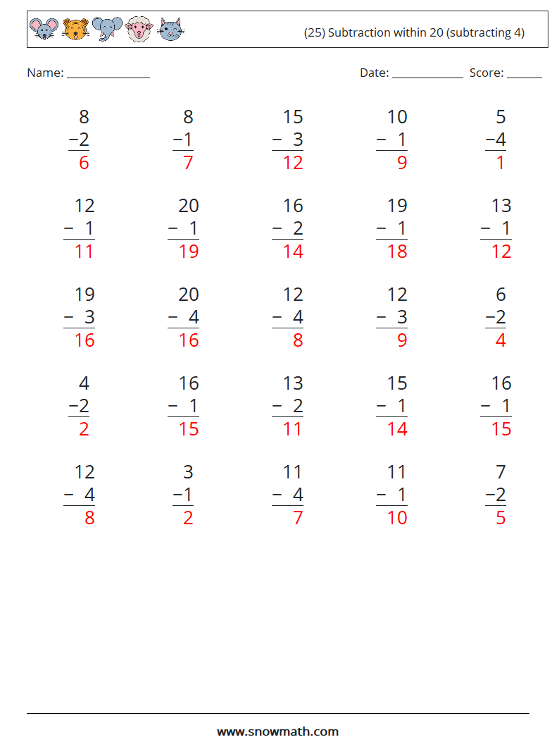 (25) Subtraction within 20 (subtracting 4) Math Worksheets 17 Question, Answer