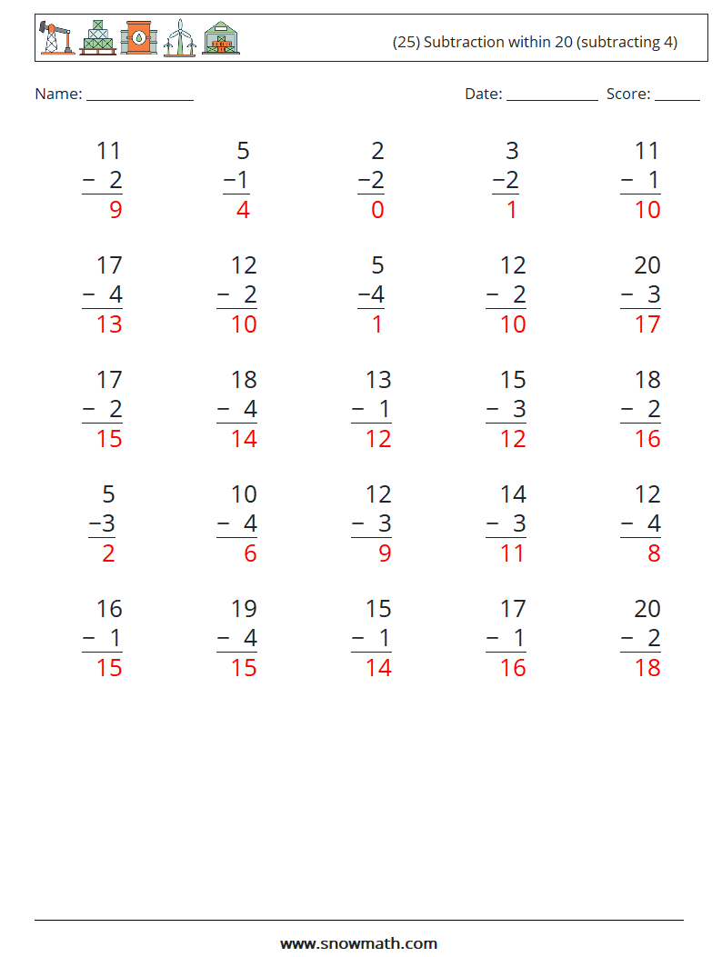 (25) Subtraction within 20 (subtracting 4) Math Worksheets 18 Question, Answer