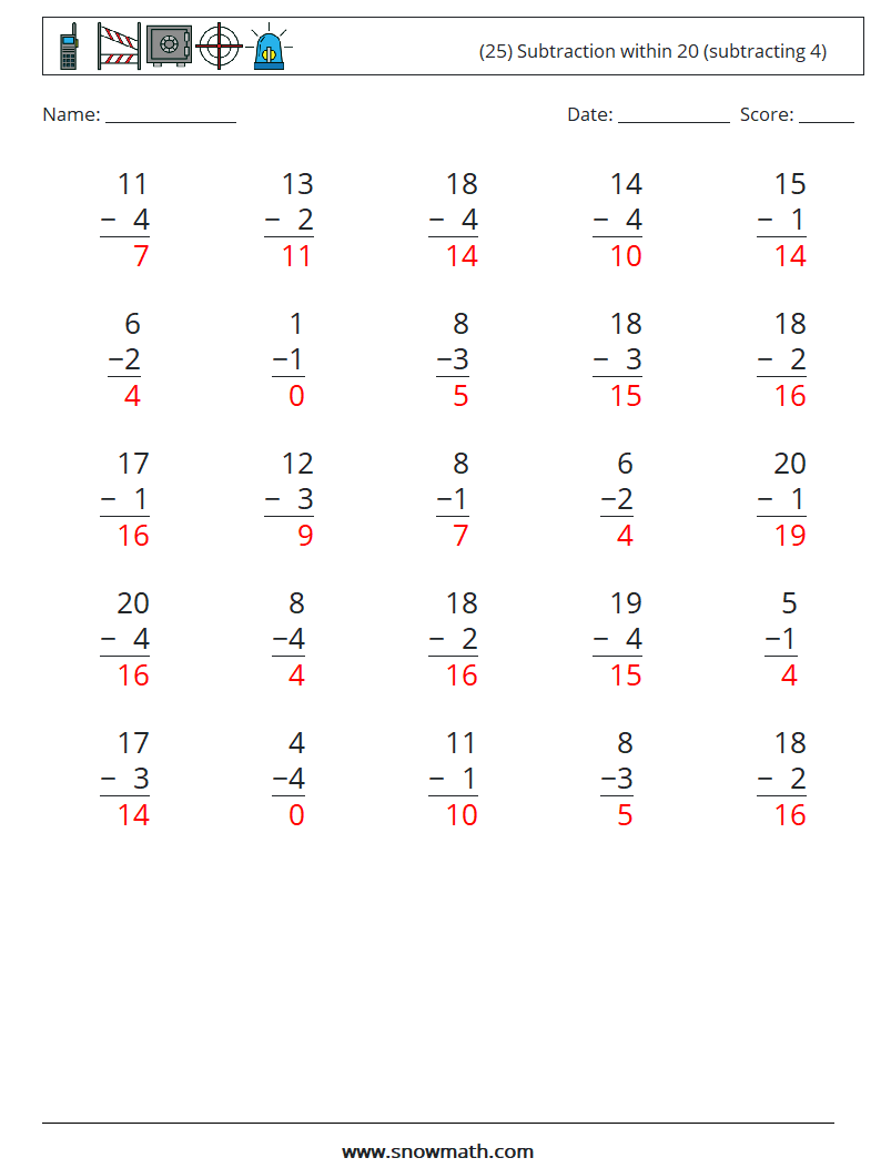 (25) Subtraction within 20 (subtracting 4) Math Worksheets 1 Question, Answer