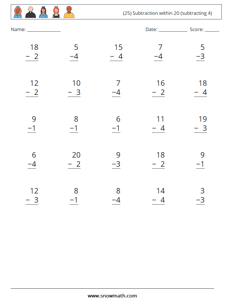 (25) Subtraction within 20 (subtracting 4) Math Worksheets 2