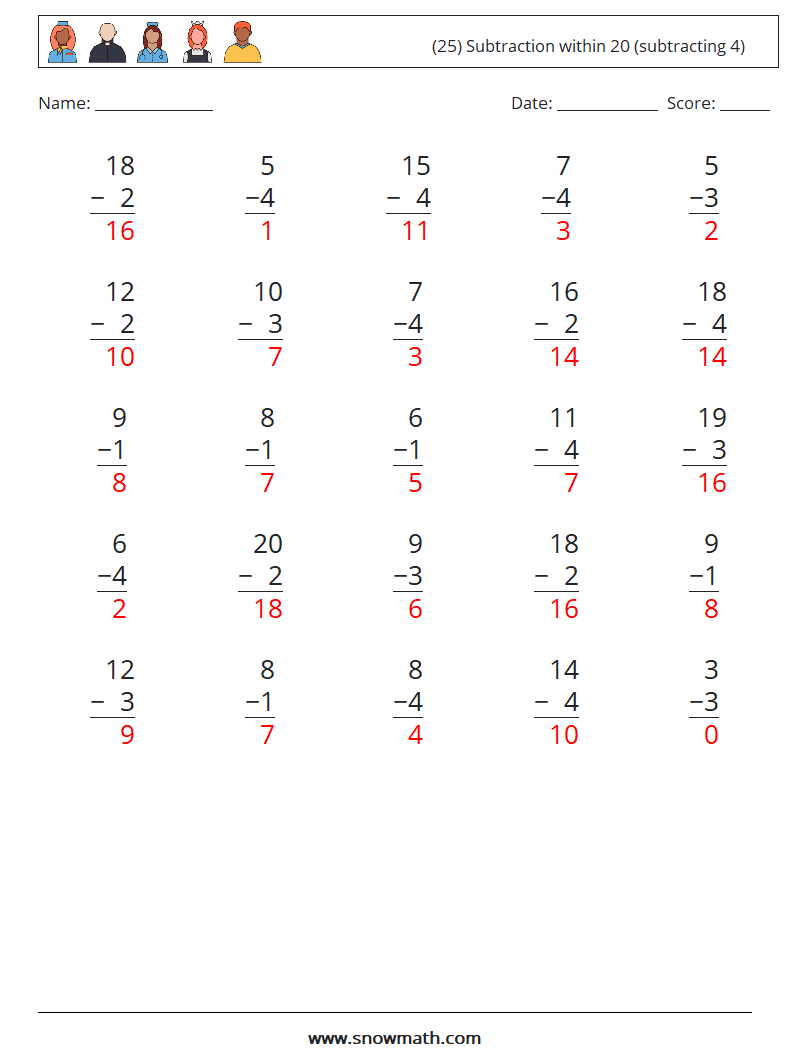 (25) Subtraction within 20 (subtracting 4) Math Worksheets 2 Question, Answer