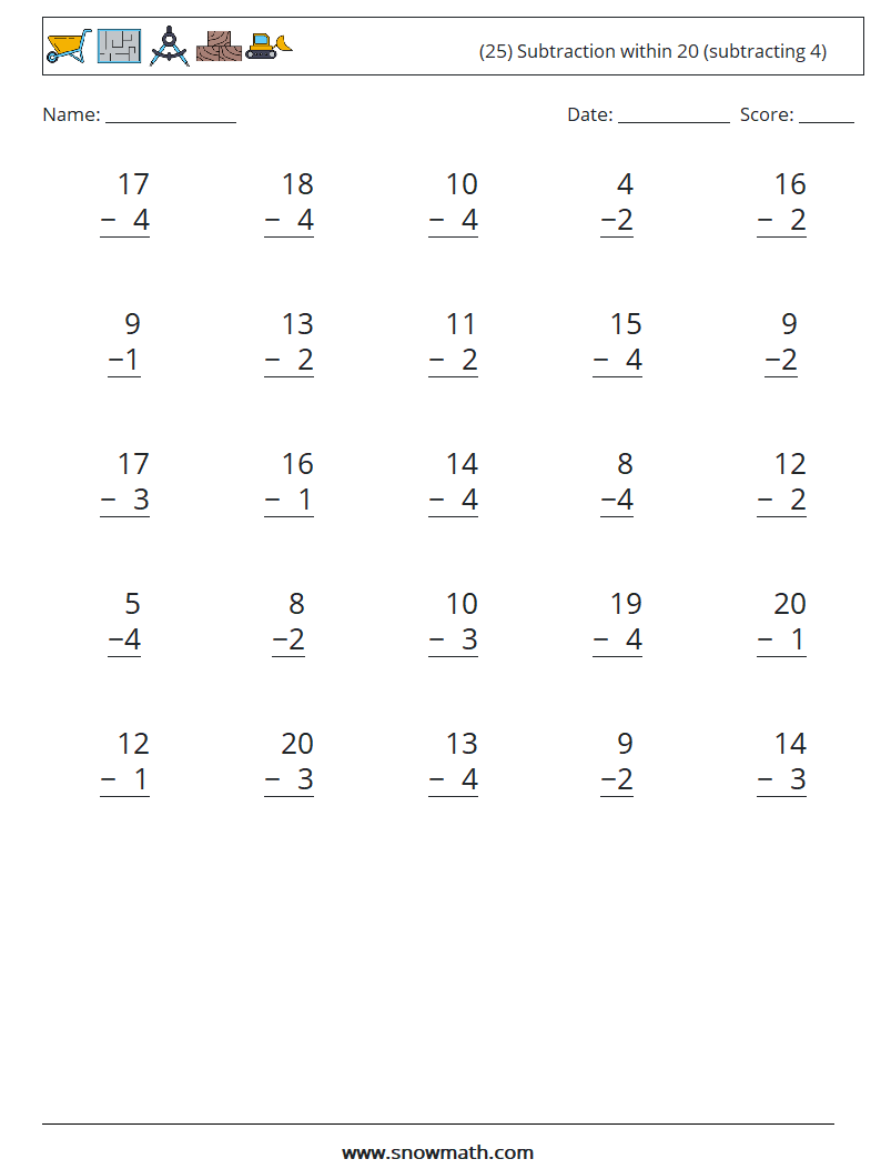(25) Subtraction within 20 (subtracting 4) Math Worksheets 3