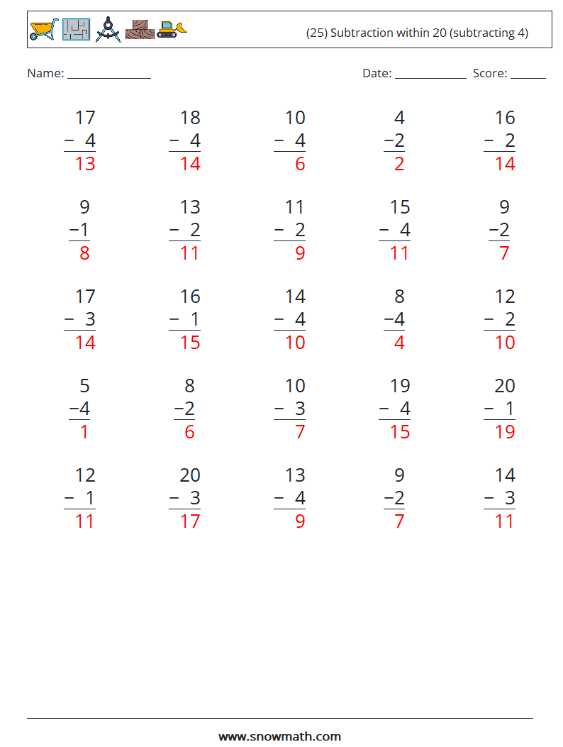 (25) Subtraction within 20 (subtracting 4) Math Worksheets 3 Question, Answer