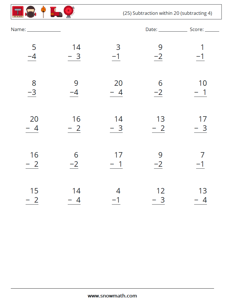 (25) Subtraction within 20 (subtracting 4) Math Worksheets 4