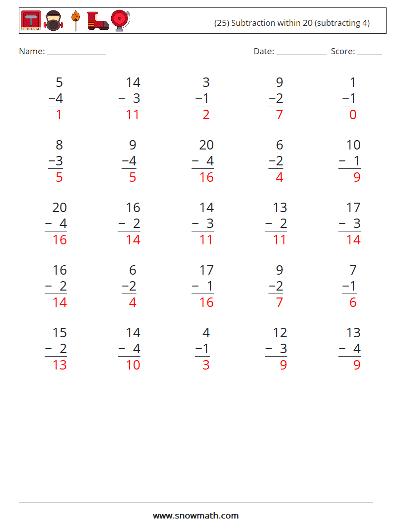 (25) Subtraction within 20 (subtracting 4) Math Worksheets 4 Question, Answer
