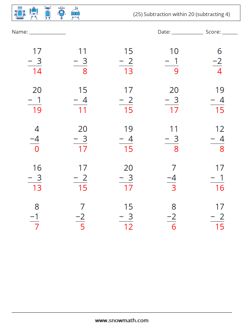 (25) Subtraction within 20 (subtracting 4) Math Worksheets 5 Question, Answer