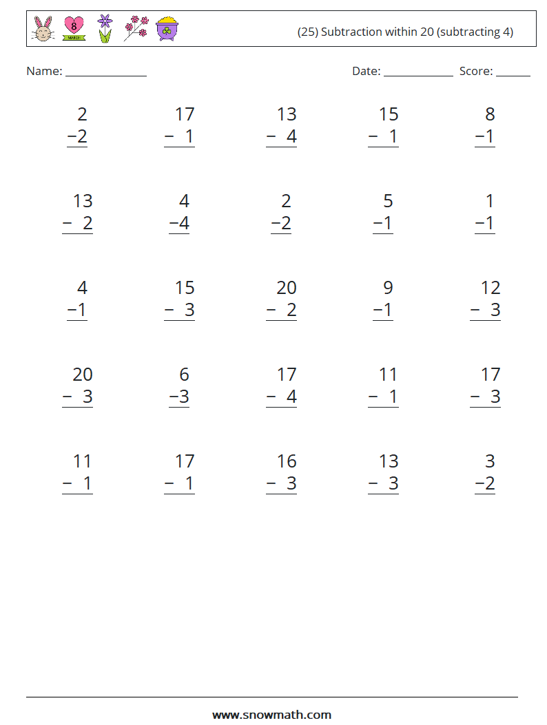 (25) Subtraction within 20 (subtracting 4) Math Worksheets 6