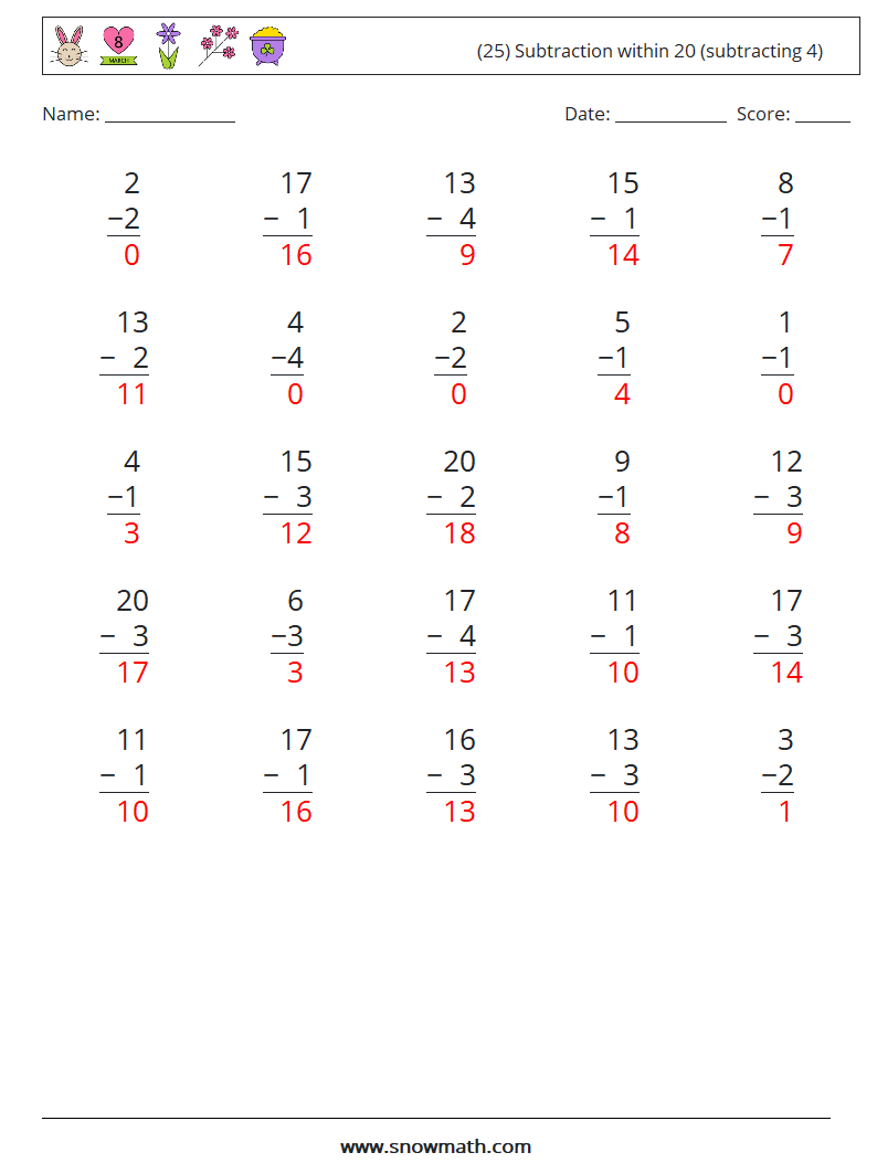 (25) Subtraction within 20 (subtracting 4) Math Worksheets 6 Question, Answer