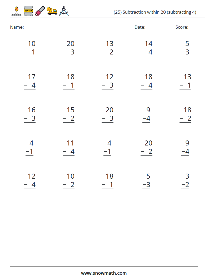 (25) Subtraction within 20 (subtracting 4) Math Worksheets 7