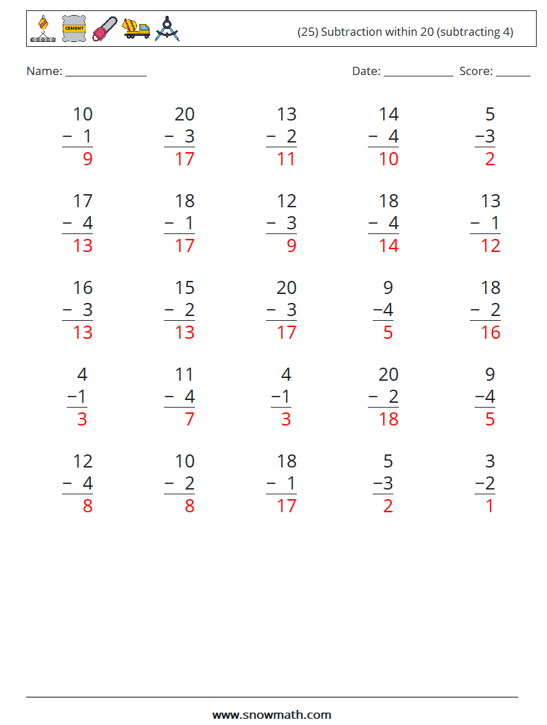 (25) Subtraction within 20 (subtracting 4) Math Worksheets 7 Question, Answer