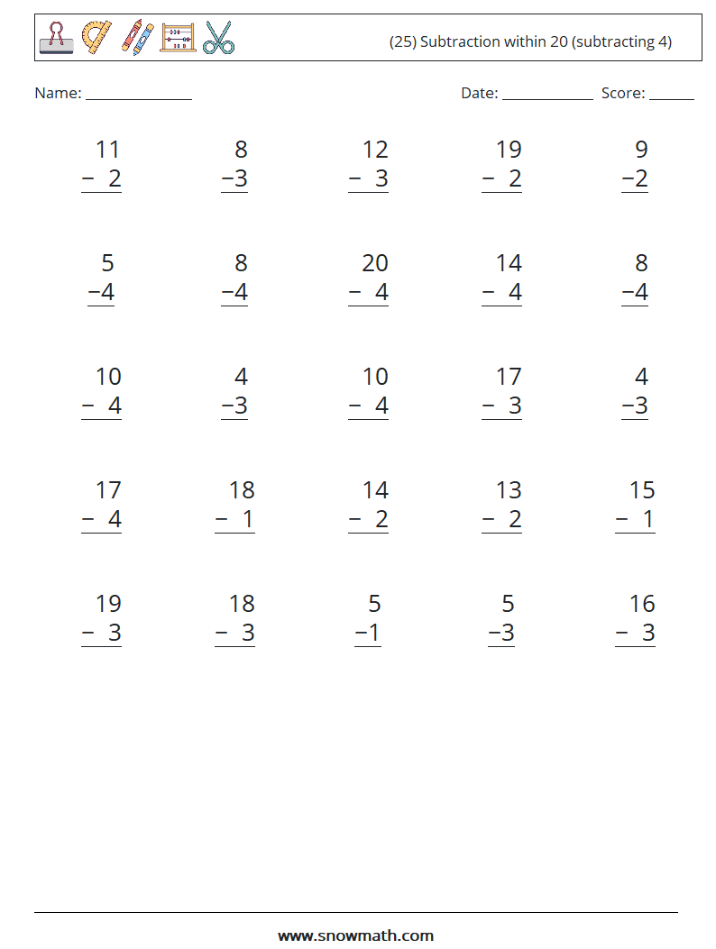 (25) Subtraction within 20 (subtracting 4) Math Worksheets 8