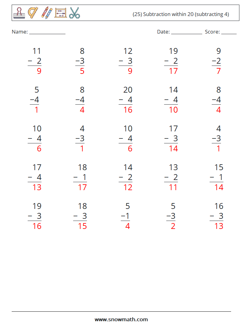 (25) Subtraction within 20 (subtracting 4) Math Worksheets 8 Question, Answer