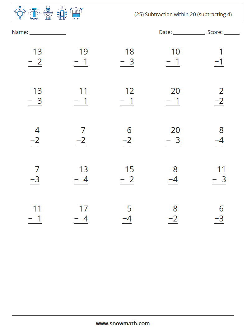 (25) Subtraction within 20 (subtracting 4) Math Worksheets 9
