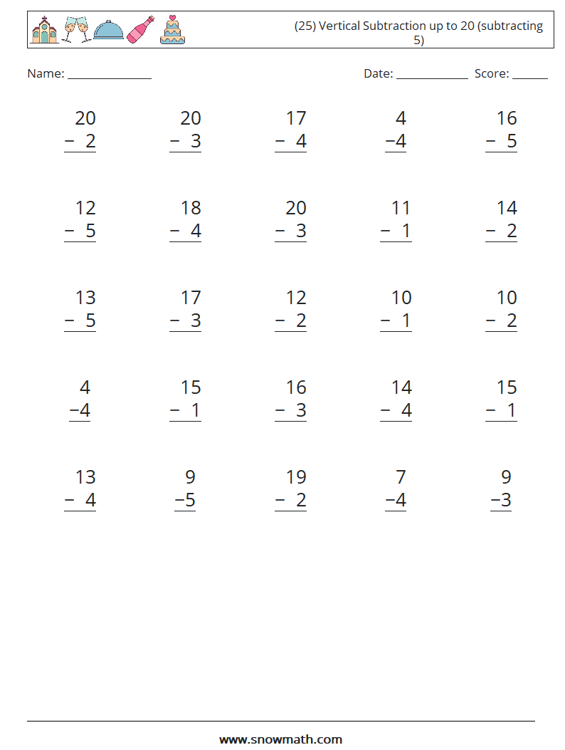 (25) Vertical Subtraction up to 20 (subtracting 5) Math Worksheets 6